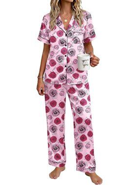 Women's Rose Lipstick Silky Short Sleeve Button Down Loungewear Pajama Set
